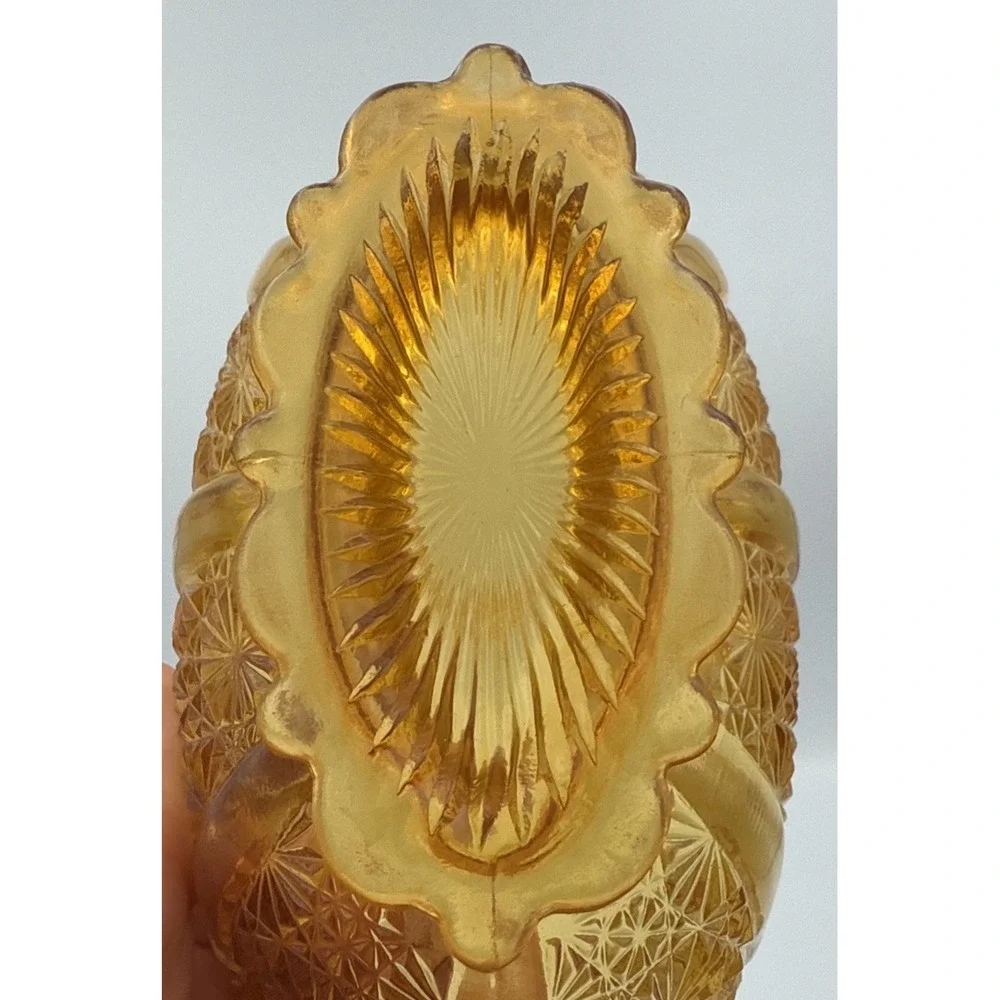 Vintage Fenton Honey Amber Daisy Button Glass Basket Dish with Split Twig Handle